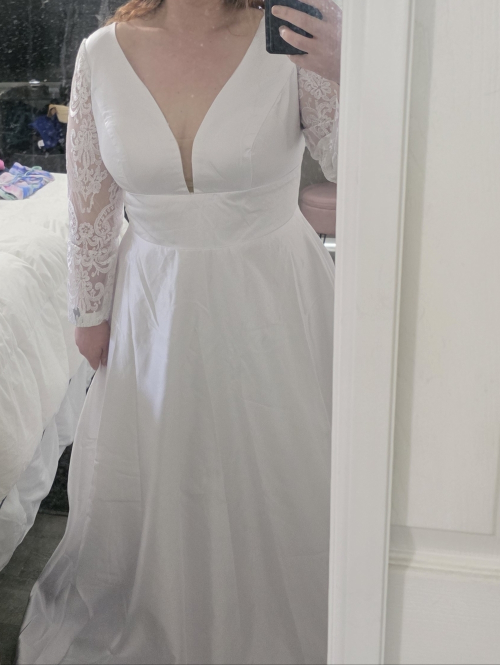 White Long Sleeve V-Neck Bridal Gown